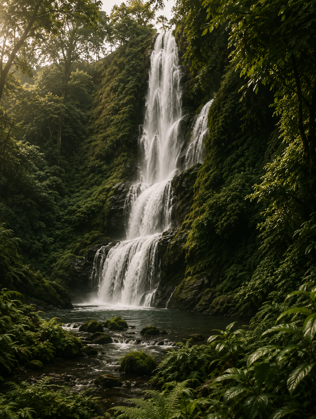 A waterfall in a green forest