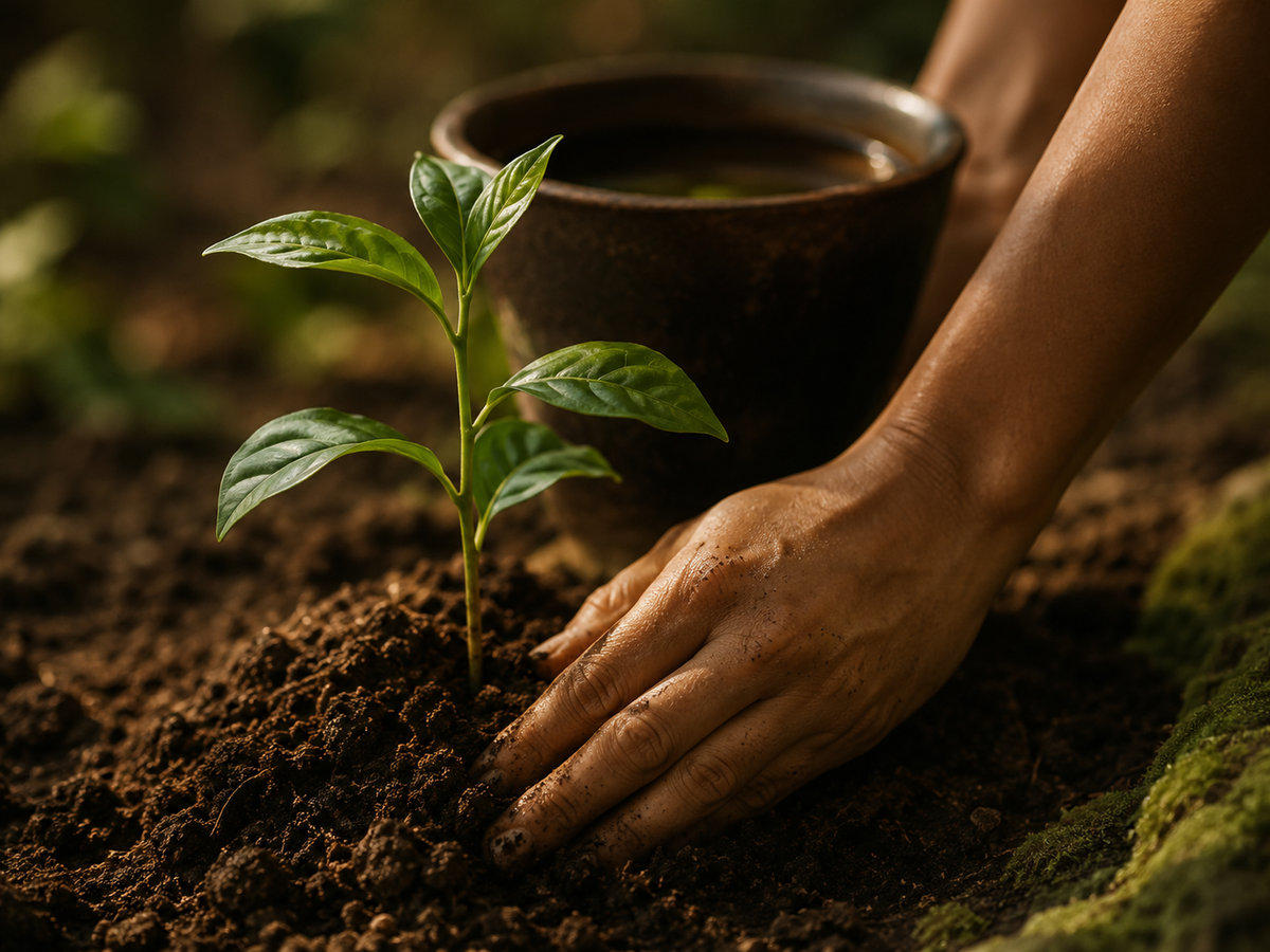 Hands planting a young seedling in soil